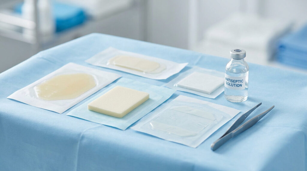 Matériel médical : pansements, antiseptique et pince pour soin de plaie fibrineuse sur drap stérile bleu.