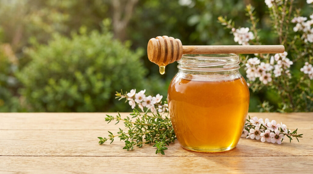 Un pot de miel doré avec un bâtonnet d'où goutte une perle, entouré de branches de thym frais et de petites fleurs blanches sur bois.