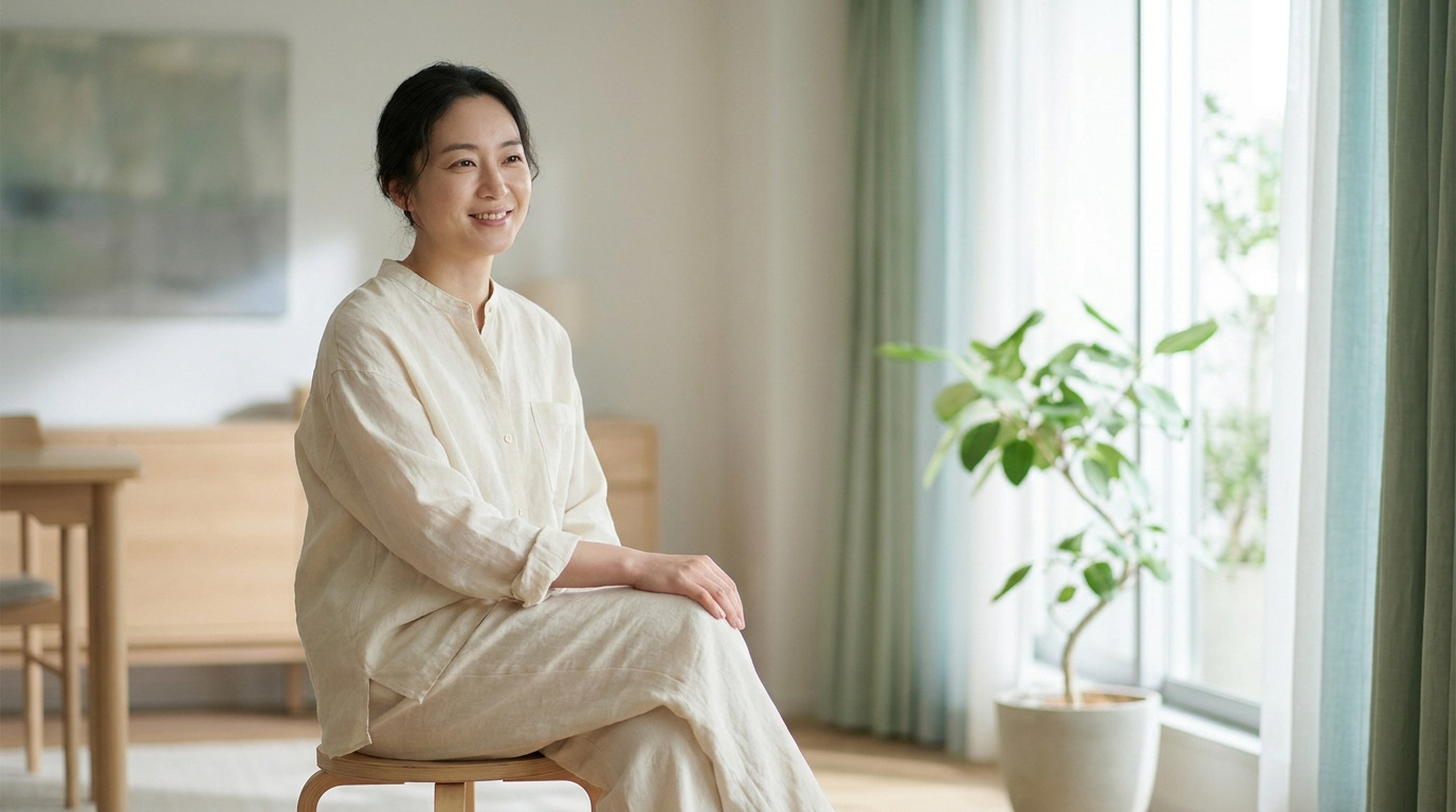 Femme d'âge moyen asiatique souriante, assise sur un tabouret en bois dans un intérieur lumineux et paisible.