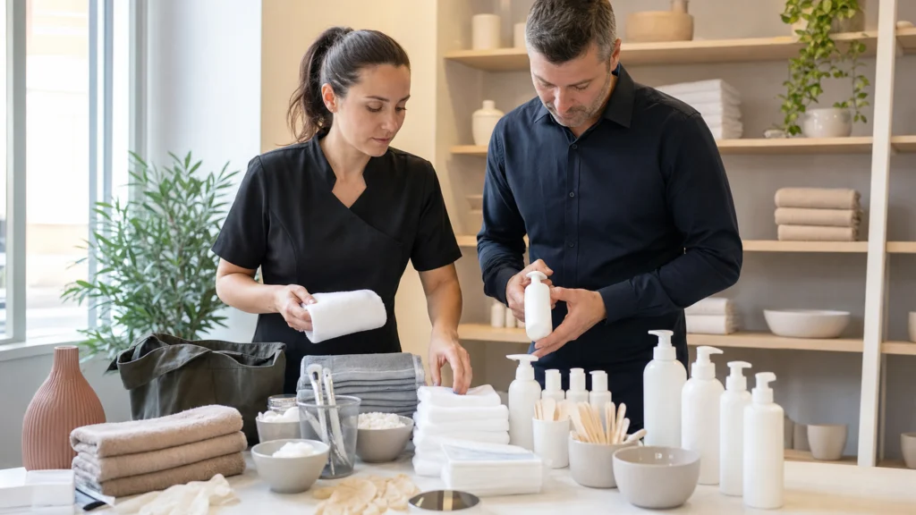 Deux professionnels contrôlent des fournitures esthétiques dans la réserve d’un institut