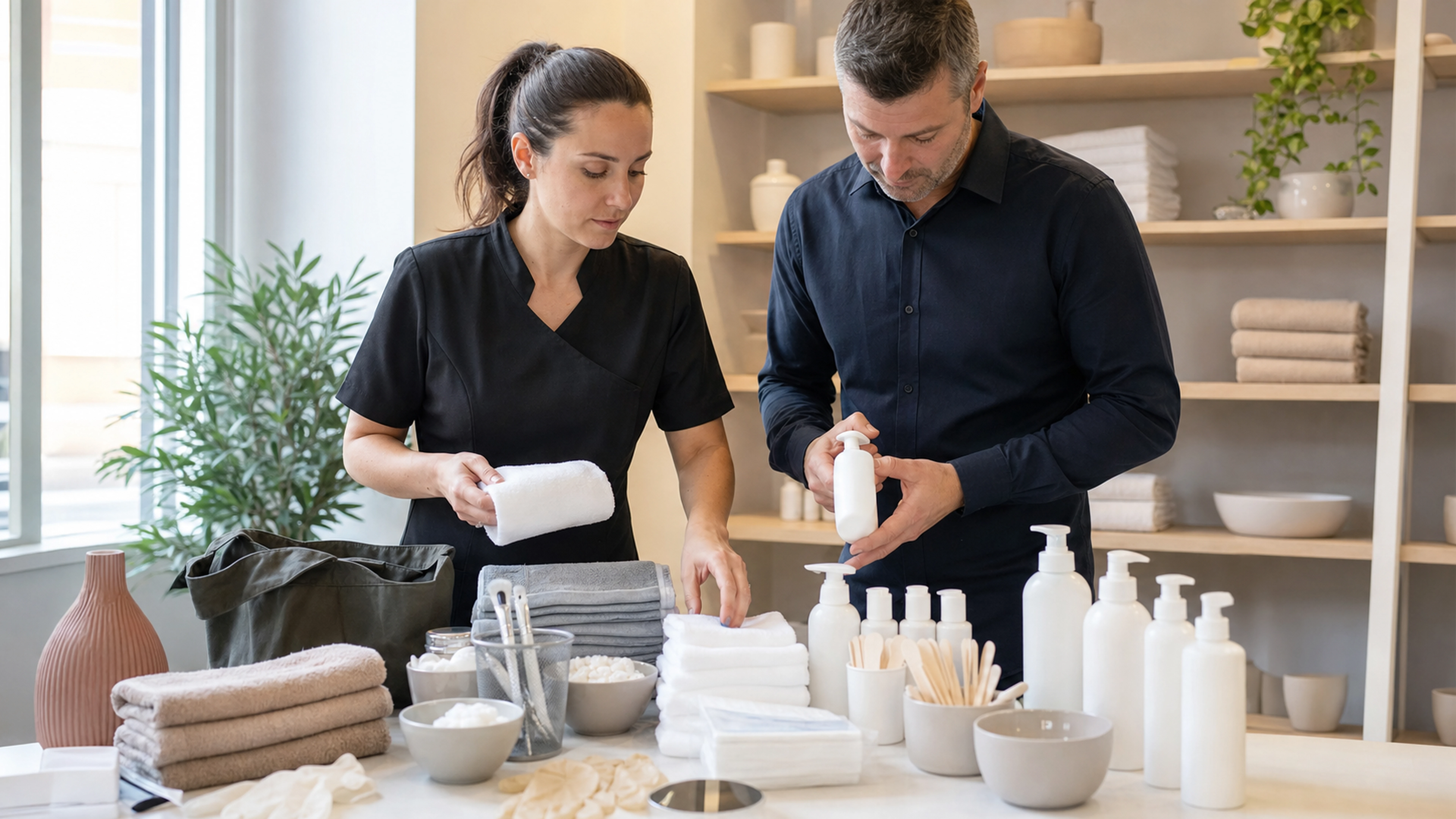 Deux professionnels contrôlent des fournitures esthétiques dans la réserve d’un institut