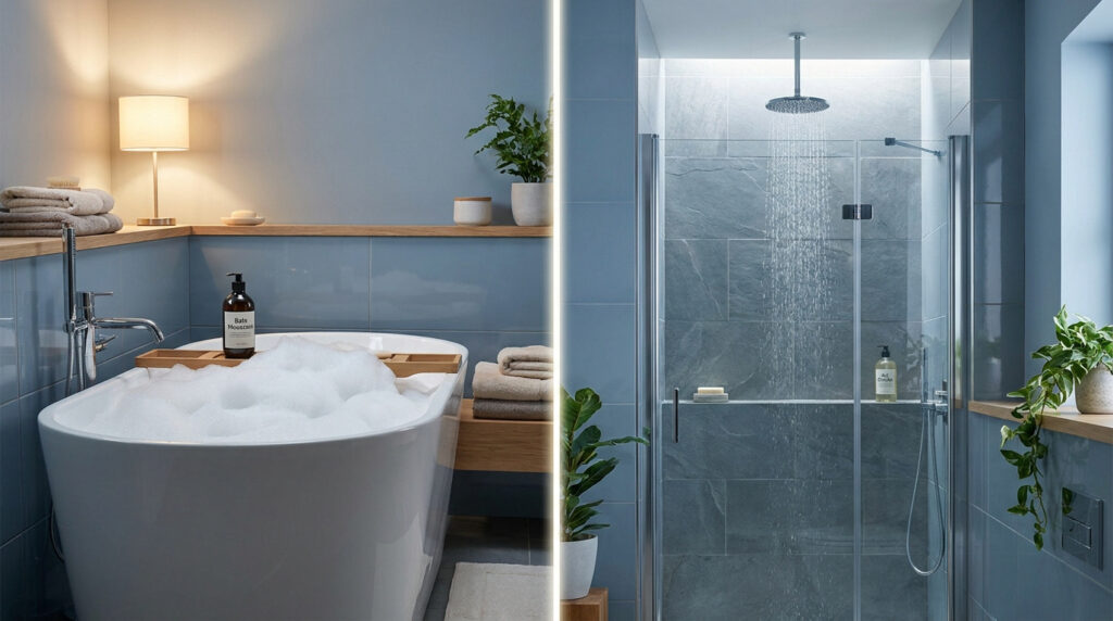 Comparaison visuelle entre une baignoire moussante relaxante et une douche moderne à effet pluie dans une salle de bain.