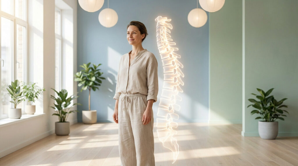 Femme sereine debout à côté d'une représentation lumineuse et holographique de la colonne vertébrale humaine.
