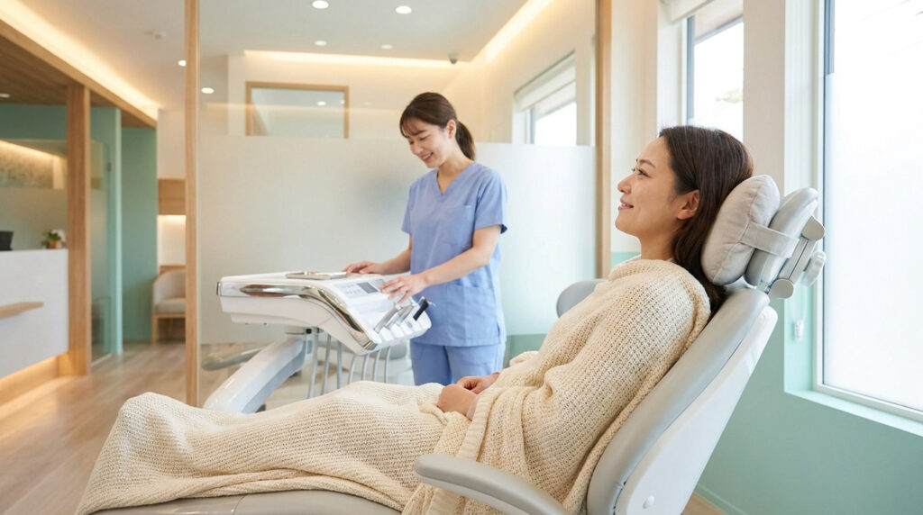 Une dentiste souriante prépare son matériel devant une patiente détendue assise dans un fauteuil dentaire confortable.