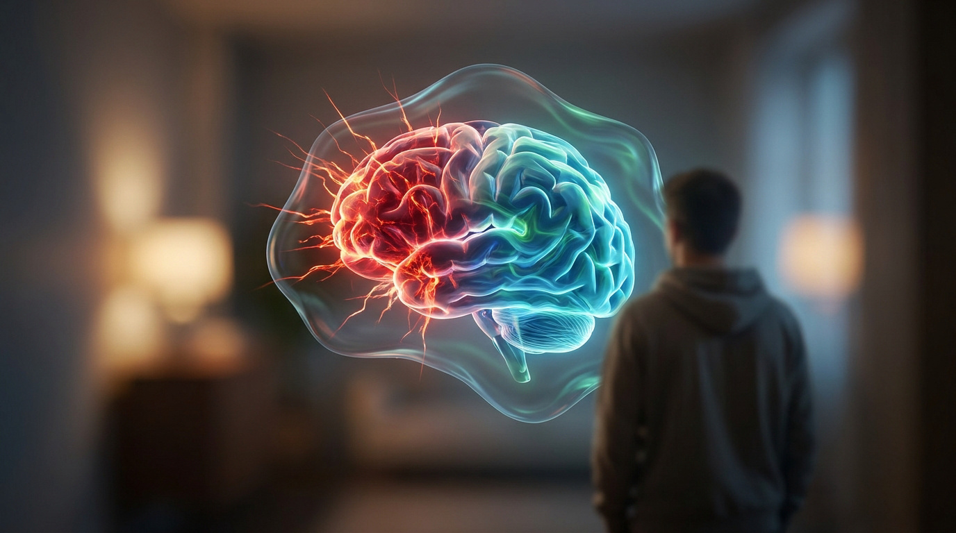 Illustration d'un cerveau flottant devant une silhouette humaine, avec une moitié rouge enflammée et une moitié bleue.