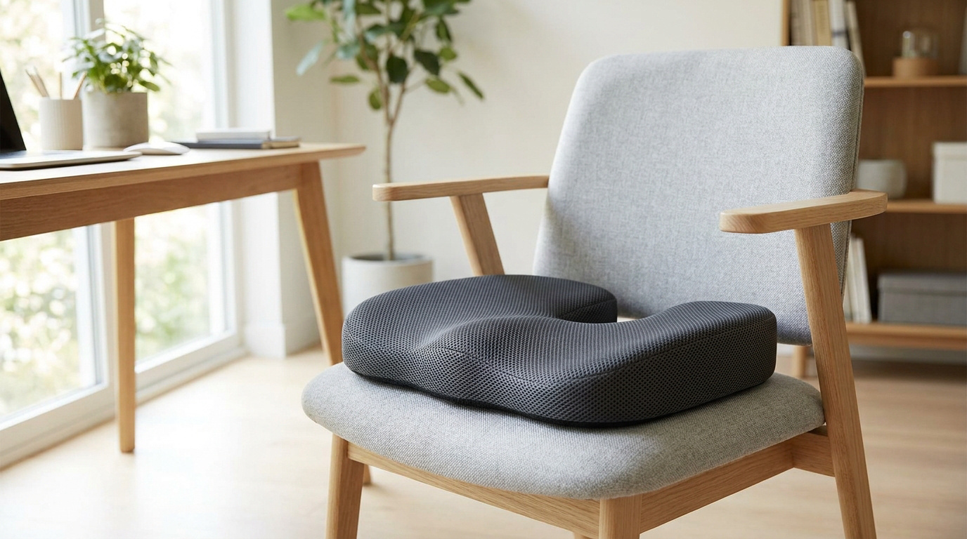 Coussin orthopédique gris en forme de U posé sur une chaise de bureau moderne dans une pièce lumineuse.