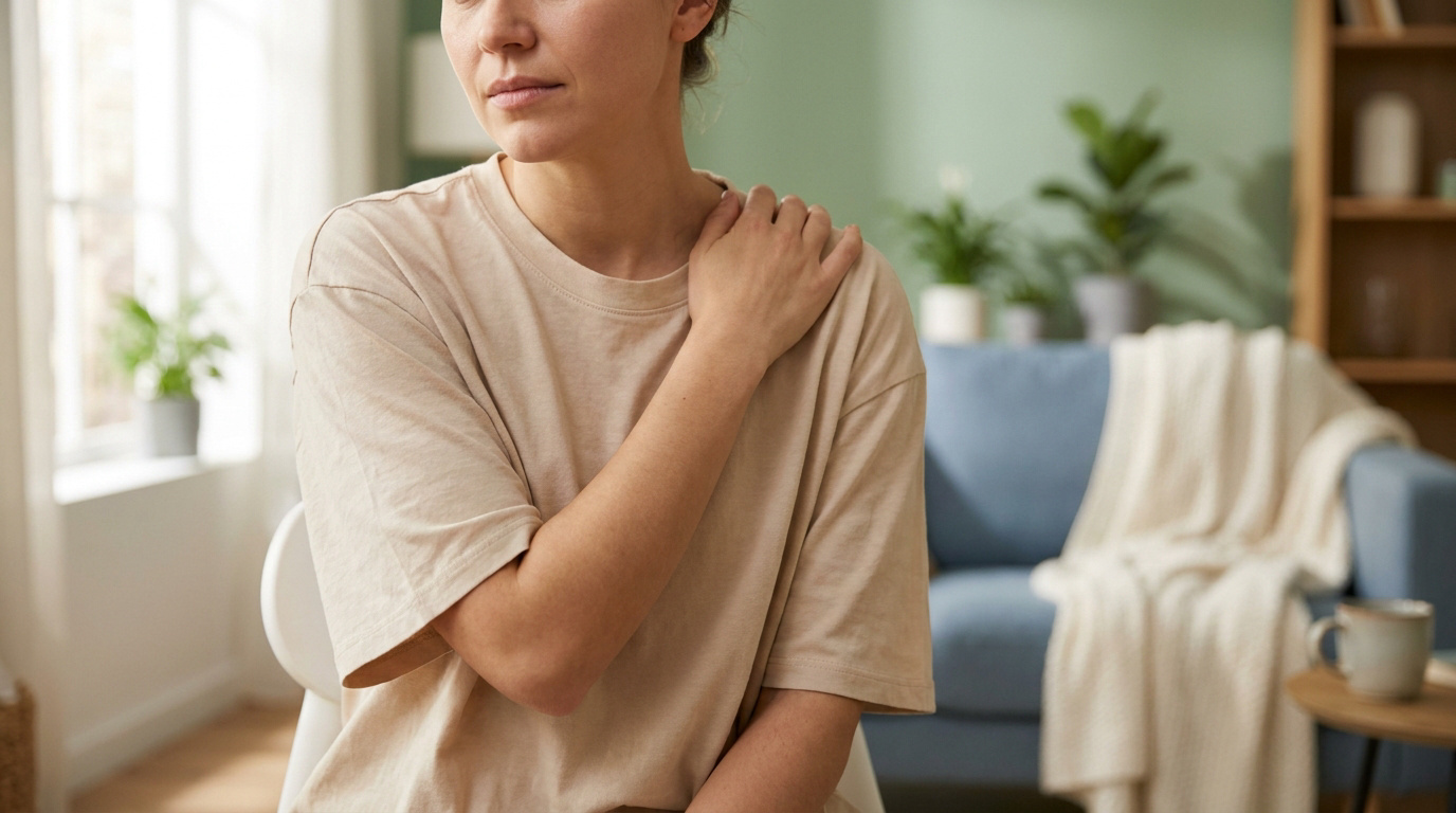 Une femme assise dans un salon se tient l'épaule avec une expression de gêne ou de douleur.