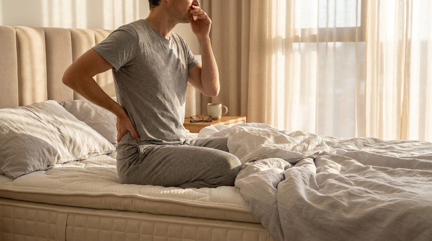 Un homme assis sur son lit, le matin, souffrant d'un mal de dos, touchant ses lombaires avec une expression fatiguée.