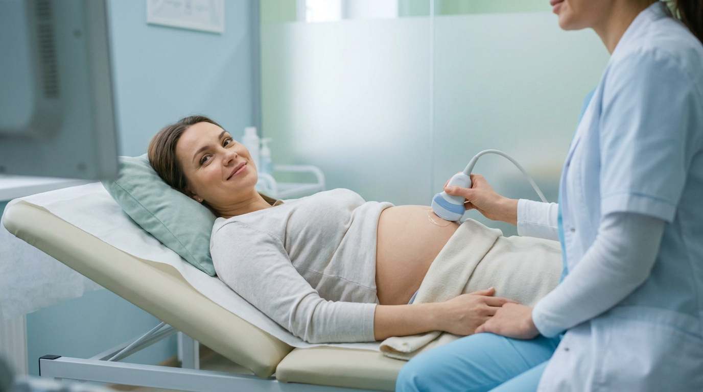 Une femme enceinte souriante lors d'une échographie effectuée par un professionnel de santé dans un cabinet médical.