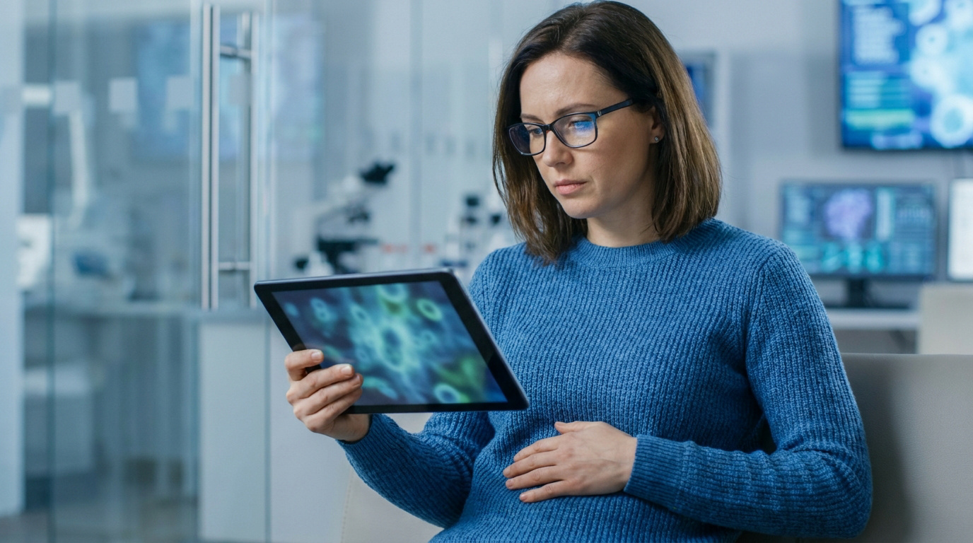 Une femme enceinte consulte des images de bactéries sur une tablette dans un laboratoire médical moderne.