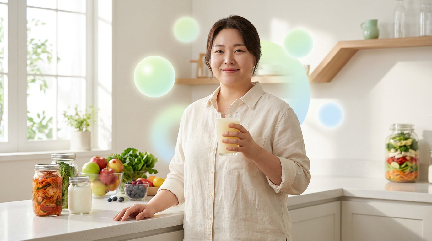Femme souriante tenant un verre dans une cuisine entourée d'aliments sains et de bulles illustrant des probiotiques.