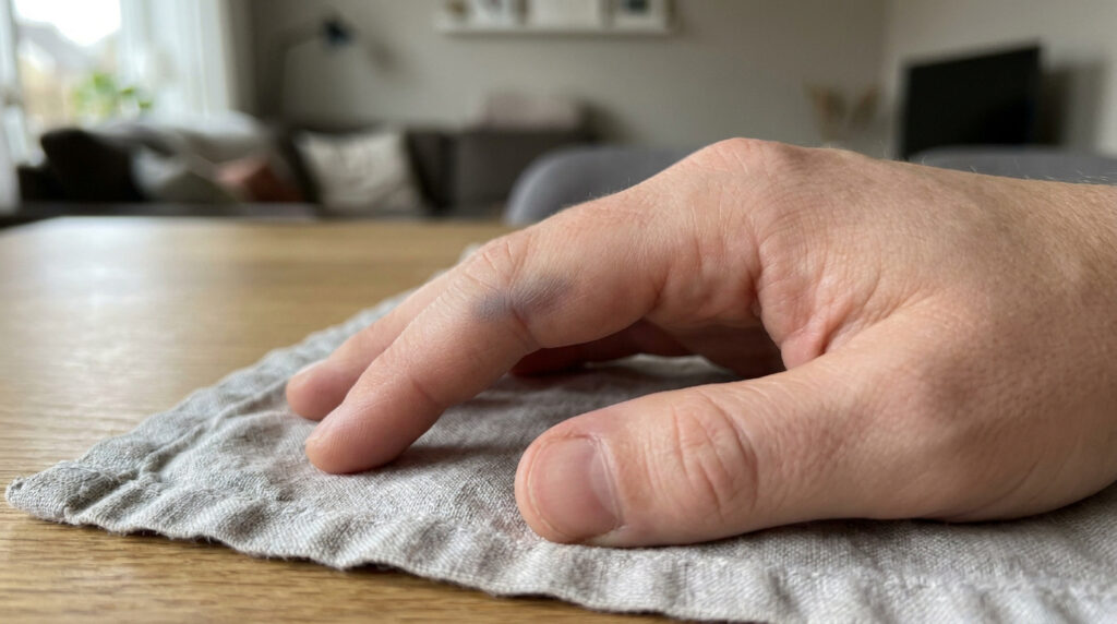 Gros plan d'une main posée sur une table, montrant un doigt marqué par une ecchymose bleue due au syndrome d'Achenbach.