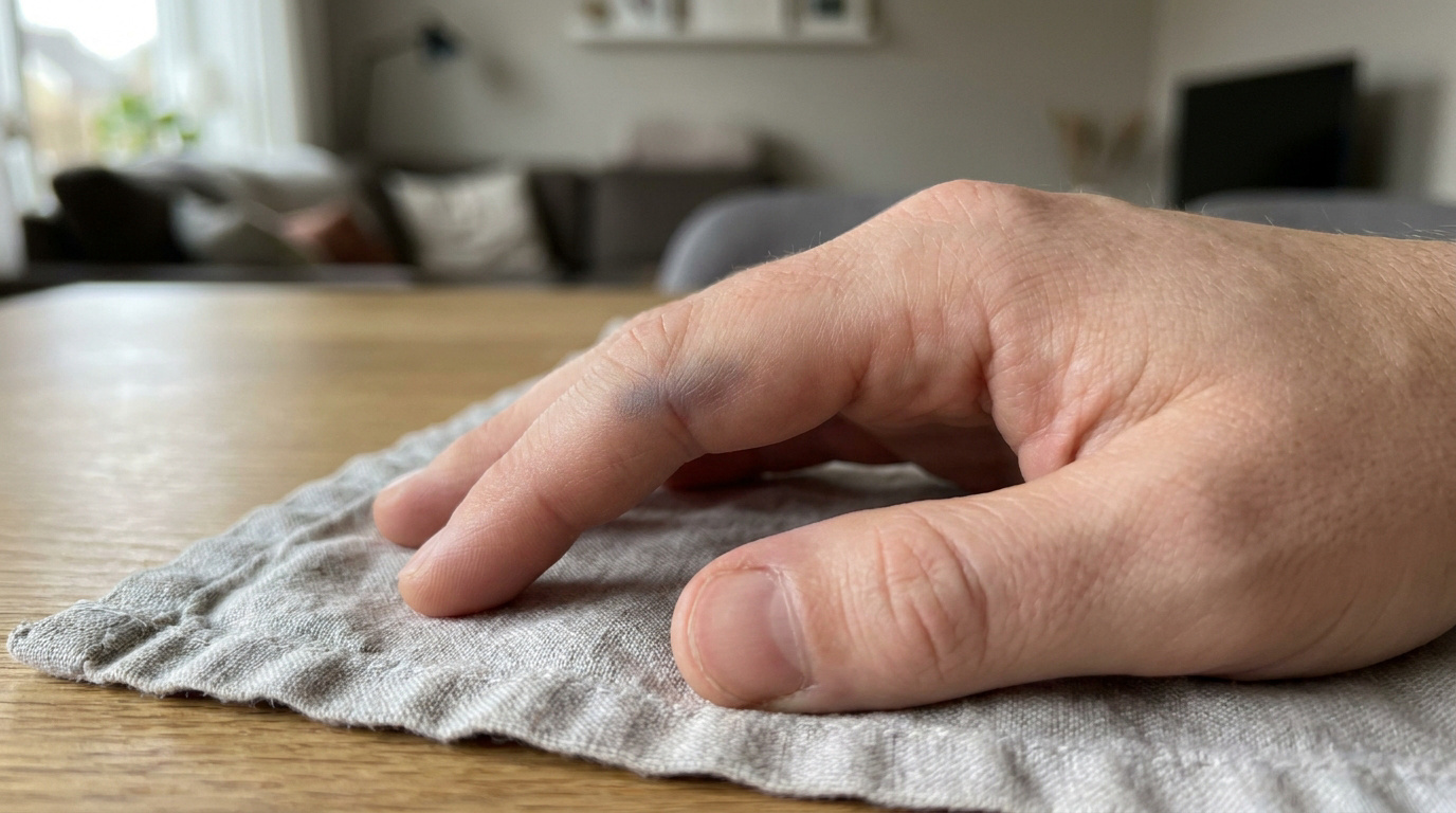 Gros plan d'une main posée sur une table, montrant un doigt marqué par une ecchymose bleue due au syndrome d'Achenbach.