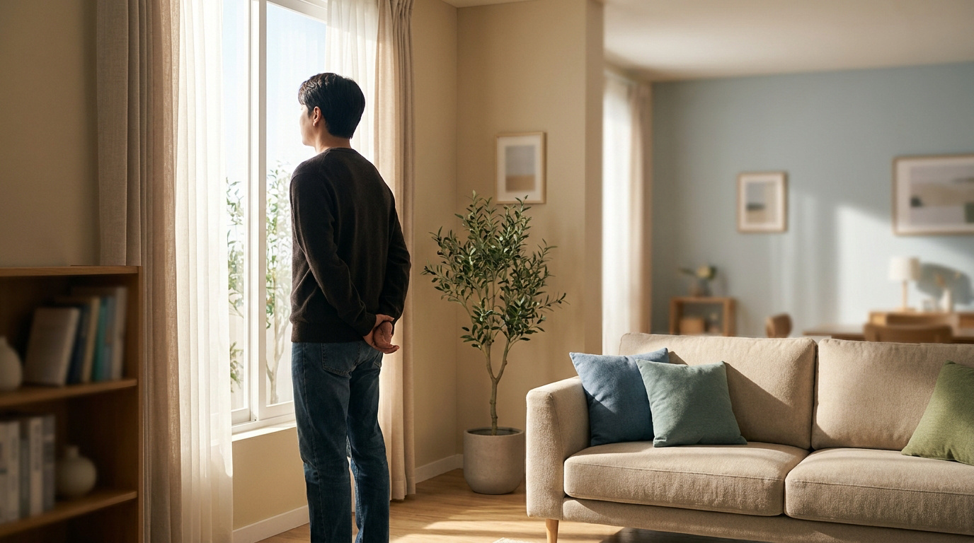 Un homme regarde par la fenêtre d'un salon lumineux et paisible, invitant à la réflexion sur les visites à domicile.