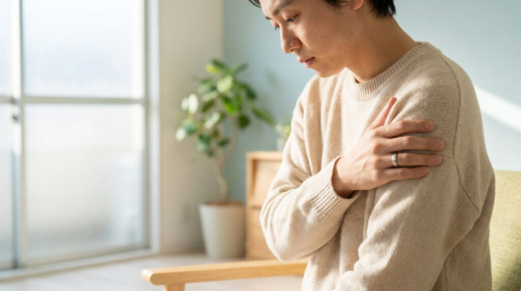 Un homme portant un pull beige tient son épaule gauche avec douleur, assis près d'une fenêtre lumineuse.