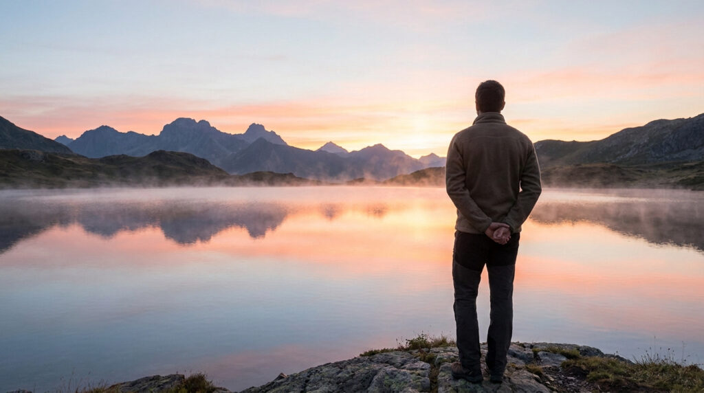 Un homme regarde un lac de montagne serein au lever du soleil, symbolisant la paix et la guérison.