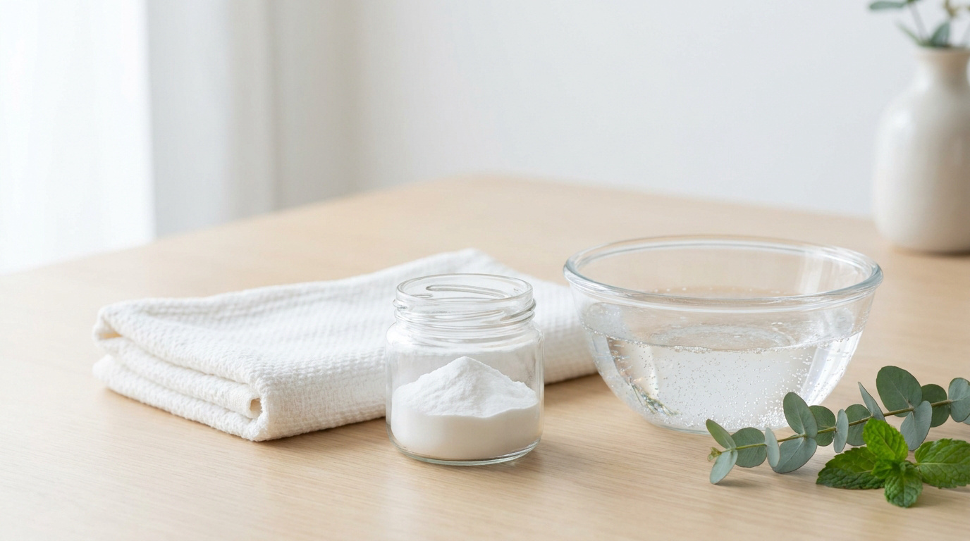 Un bocal de bicarbonate de soude, un bol d'eau et une serviette blanche sur une table en bois avec une branche d'eucalyptus.