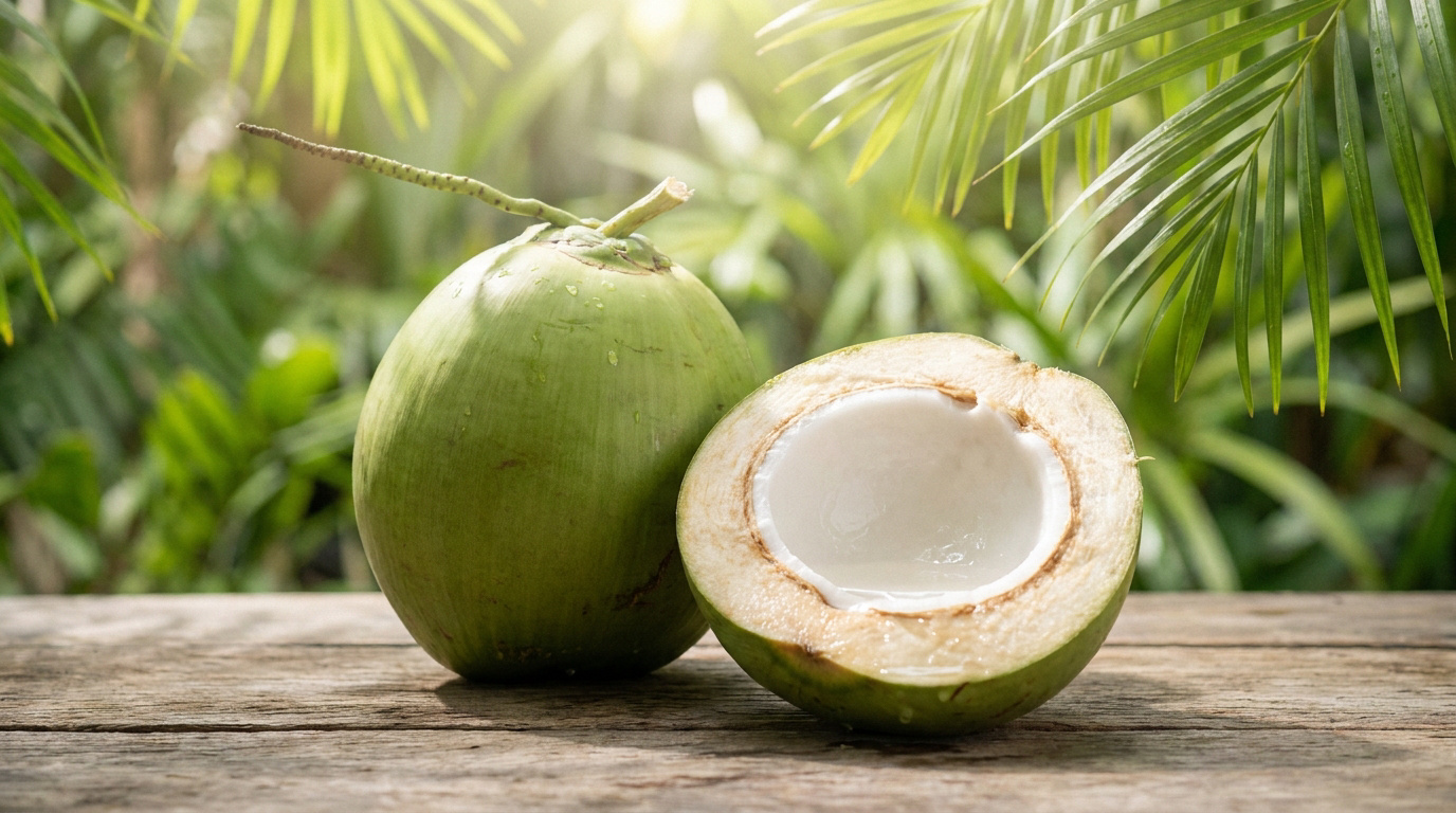 Une noix de coco entière et une moitié coupée sur une table en bois avec des feuilles de palmier en arrière-plan.