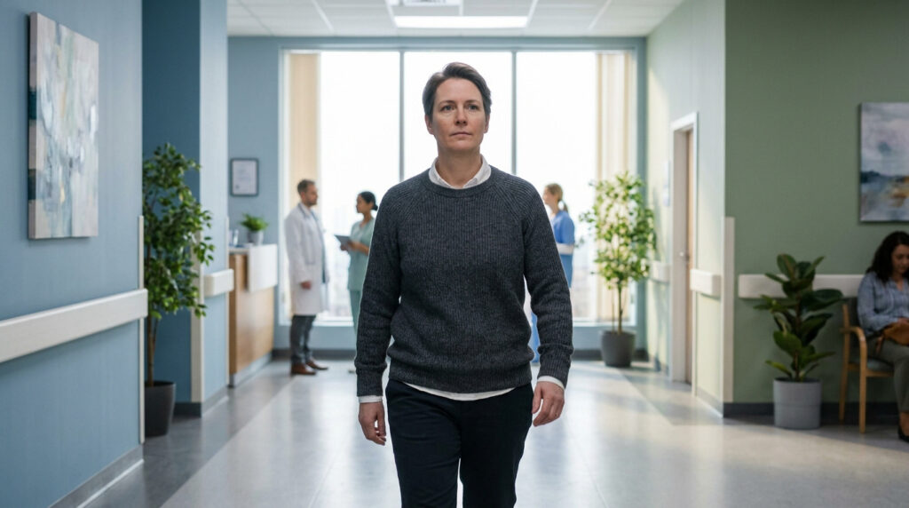 Une personne marche dans un couloir d'hôpital avec des membres du personnel médical en arrière-plan.