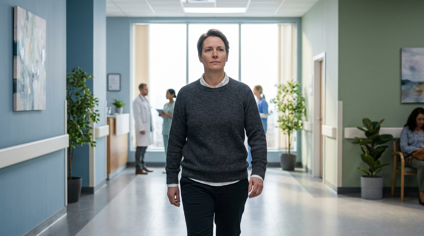 Une personne marche dans un couloir d'hôpital avec des membres du personnel médical en arrière-plan.