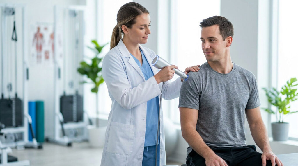 Une kinésithérapeute utilise un appareil à ondes de choc sur l'épaule d'un patient dans un cabinet médical lumineux.
