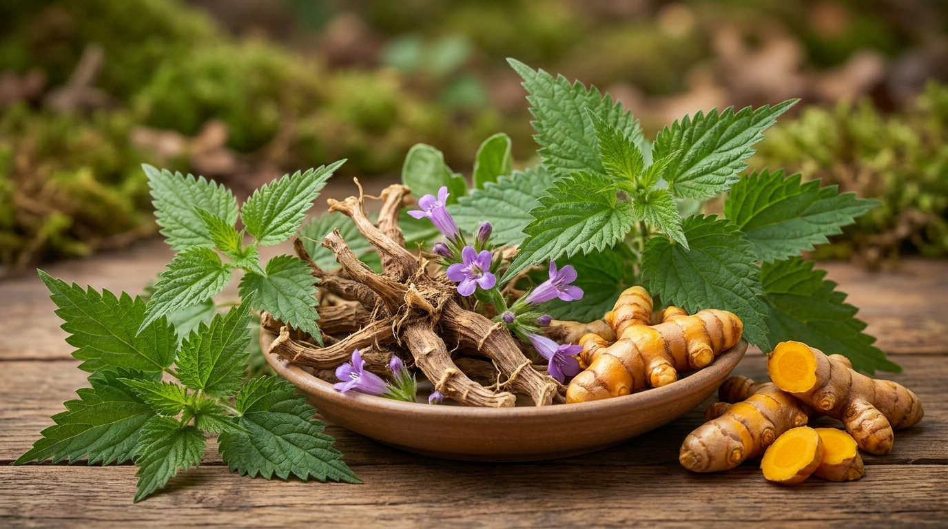 Bol en céramique rempli de racines, de feuilles d'ortie et de curcuma frais sur une table en bois.