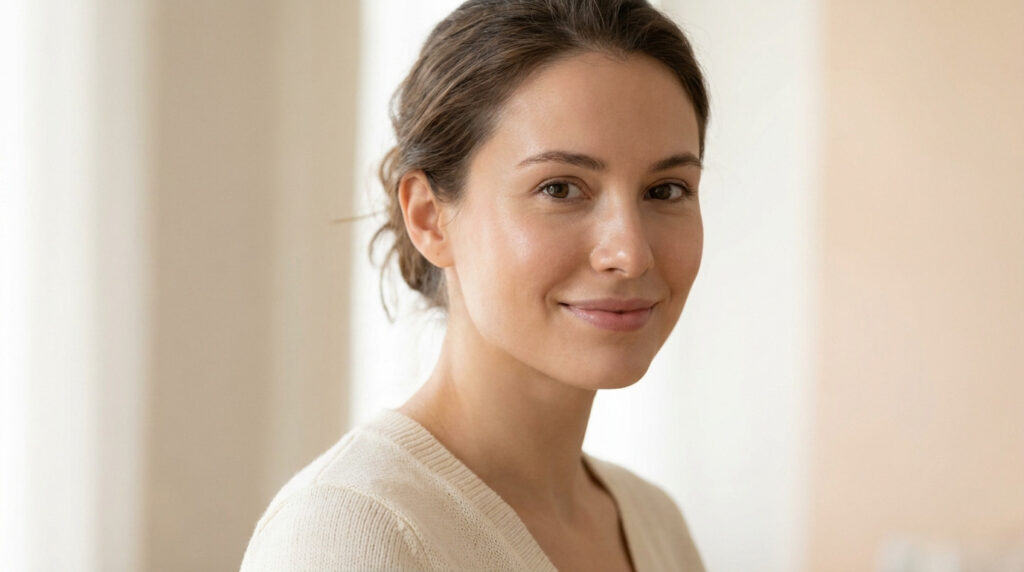 Portrait d'une jeune femme souriante à la peau éclatante et naturelle, portant un haut beige dans une lumière douce.