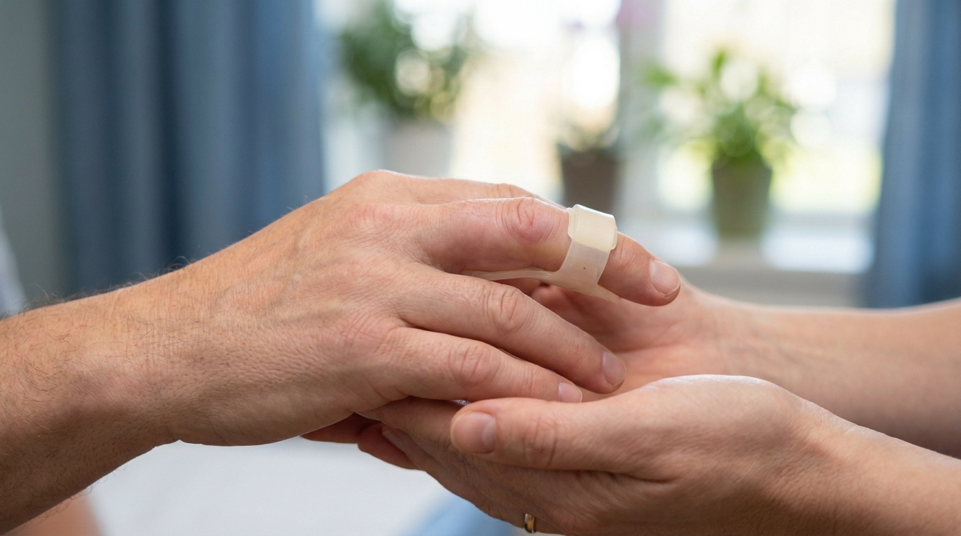 Une main portant une attelle orthopédique sur un doigt, soutenue par une autre personne dans un cadre médical.
