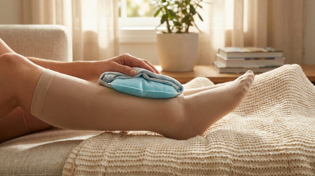 Une personne assise sur un canapé applique une poche de glace sur sa jambe portant un bas de contention.