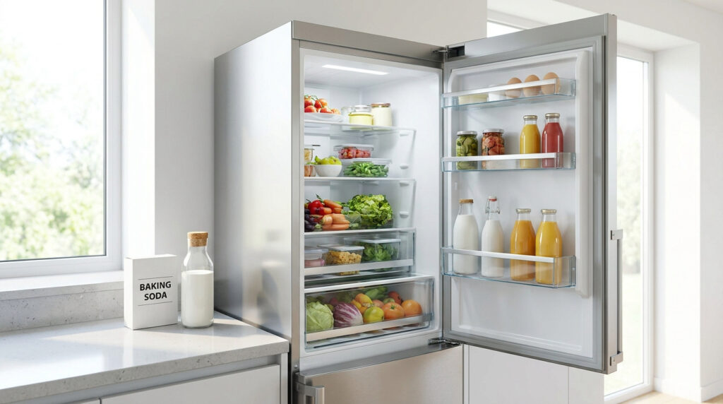 Un réfrigérateur ouvert rempli d'aliments frais à côté d'une boîte de bicarbonate de soude posée sur le plan de travail.