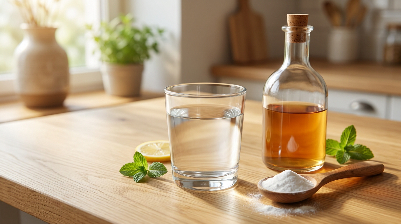 Verre d'eau, bouteille de vinaigre, cuillère de bicarbonate de soude et menthe sur une table en bois.