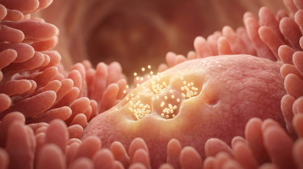 Illustration médicale 3D montrant des molécules de glutamine réparant la paroi des villosités intestinales.