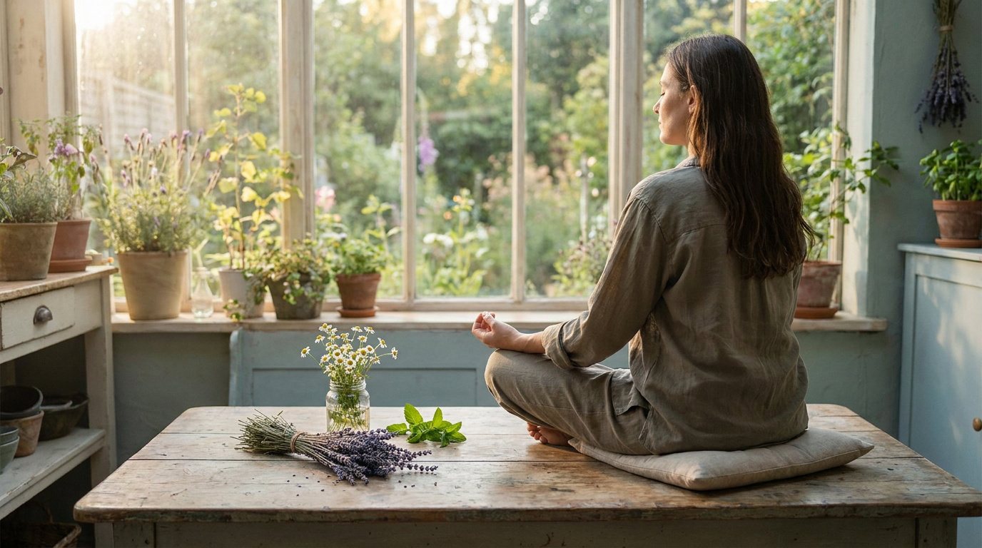 Une femme médite sur une table en bois entourée de plantes, favorisant le calme et la relaxation.