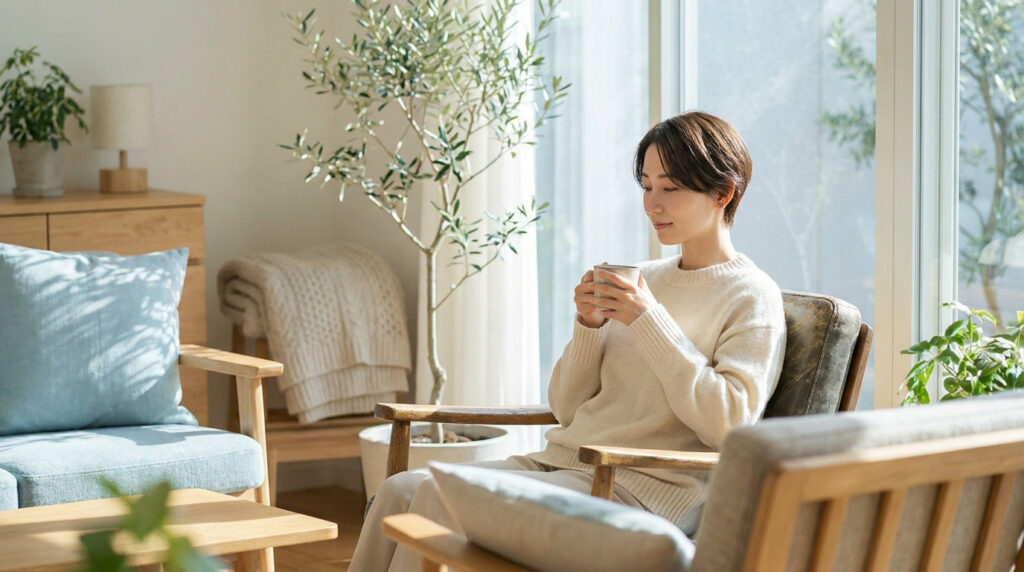 Une femme sereine assise dans un fauteuil lumineux, tenant une tasse de thé dans un intérieur moderne et végétalisé.