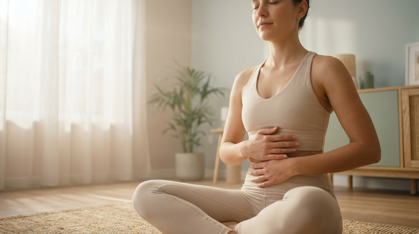 Une femme assise en tailleur chez elle, les mains posées sur son ventre, pratiquant une respiration consciente.