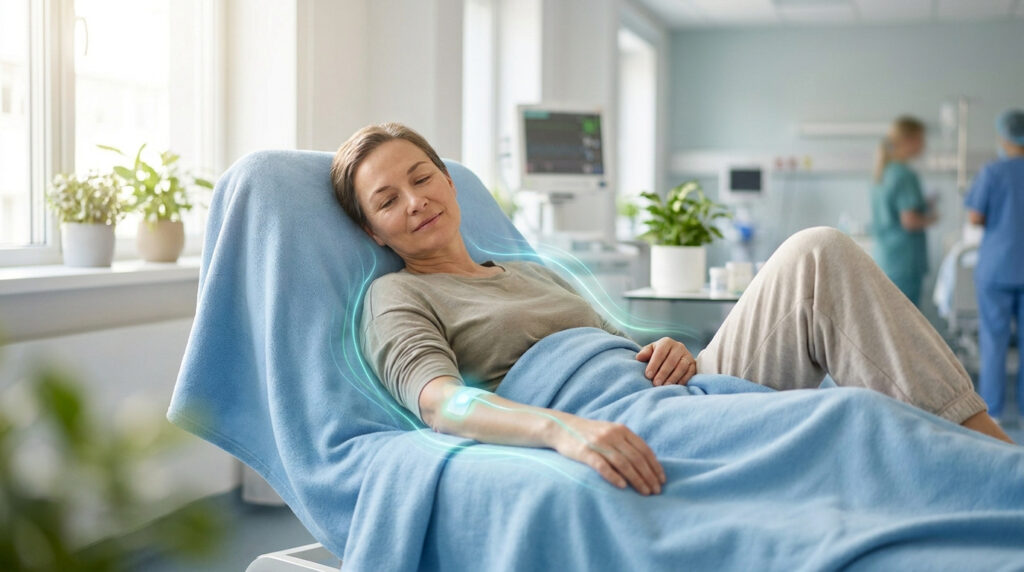 Une patiente sereine se repose dans un lit d'hôpital, avec un effet visuel illustrant l'action de l'anesthésie.