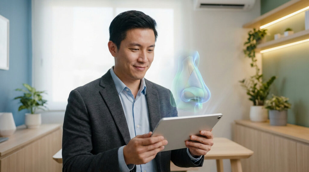 Un homme en costume utilisant une tablette avec une projection holographique 3D d'un nez humain.