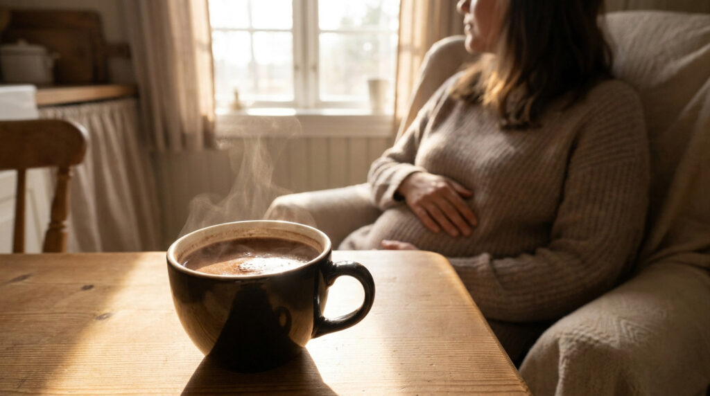 Une tasse de boisson chaude fumante posée sur une table en bois près d'une femme enceinte assise au second plan.