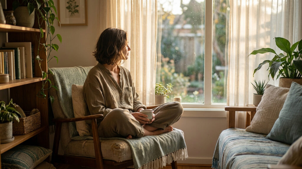 Une femme pensive assise dans un fauteuil confortable près d'une fenêtre ensoleillée, tenant une tasse.