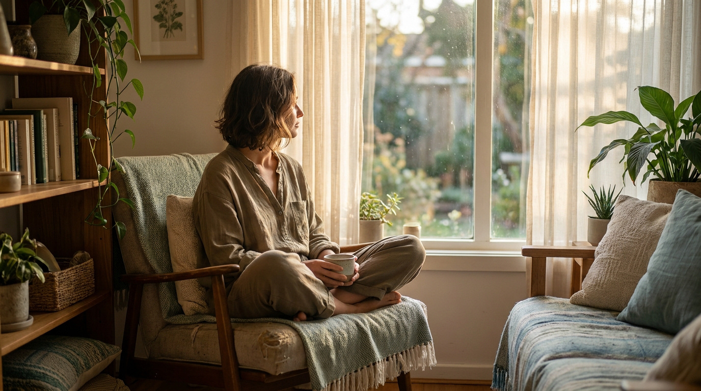 Une femme pensive assise dans un fauteuil confortable près d'une fenêtre ensoleillée, tenant une tasse.