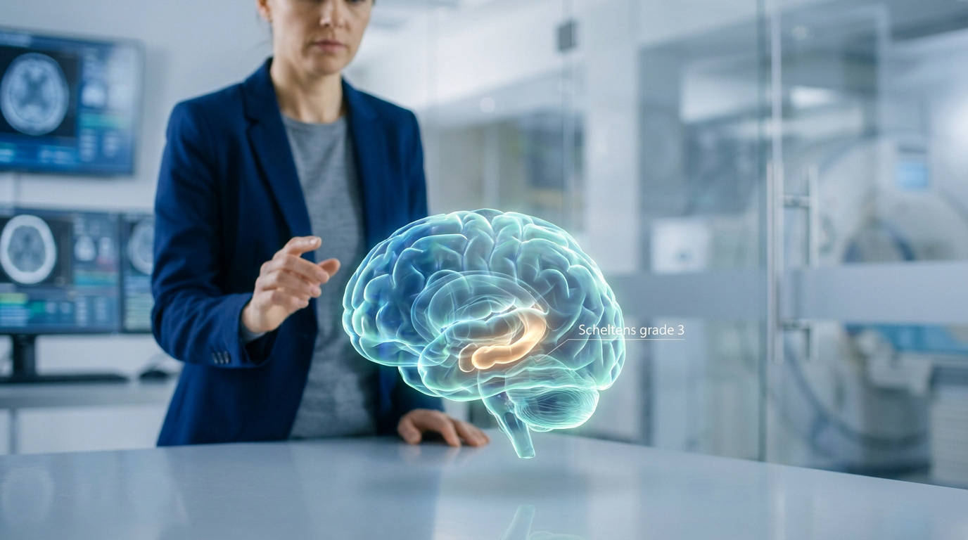 Une scientifique examine un hologramme 3D du cerveau humain montrant une atrophie hippocampique de grade 3.