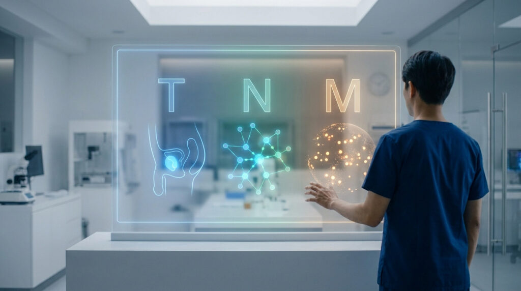 Un médecin observe une interface numérique holographique affichant les étapes TNM pour le cancer de la prostate.