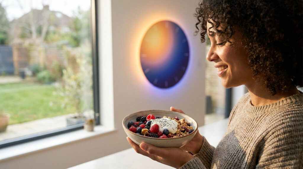 Une femme souriante tient un bol de céréales aux fruits devant une horloge design lumineuse et une fenêtre.