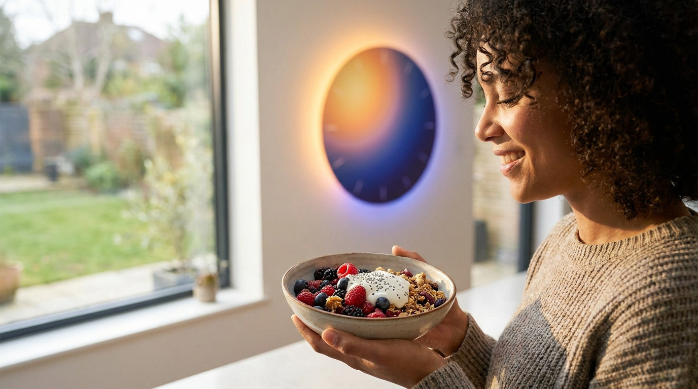 Une femme souriante tient un bol de céréales aux fruits devant une horloge design lumineuse et une fenêtre.