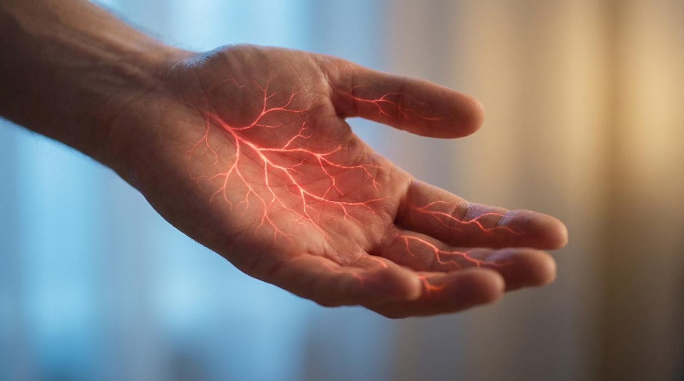 Représentation schématique d'une main humaine avec le système vasculaire mis en évidence par une lueur rouge.