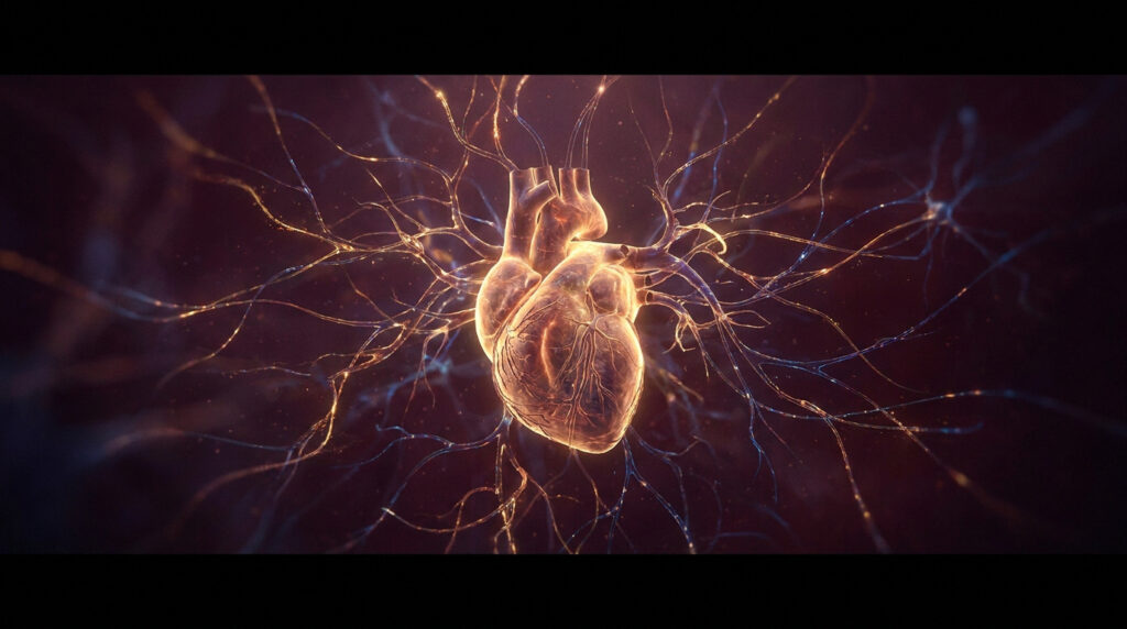 Un cœur humain brillant connecté à un réseau complexe de nerfs et de neurones dans un espace sombre.