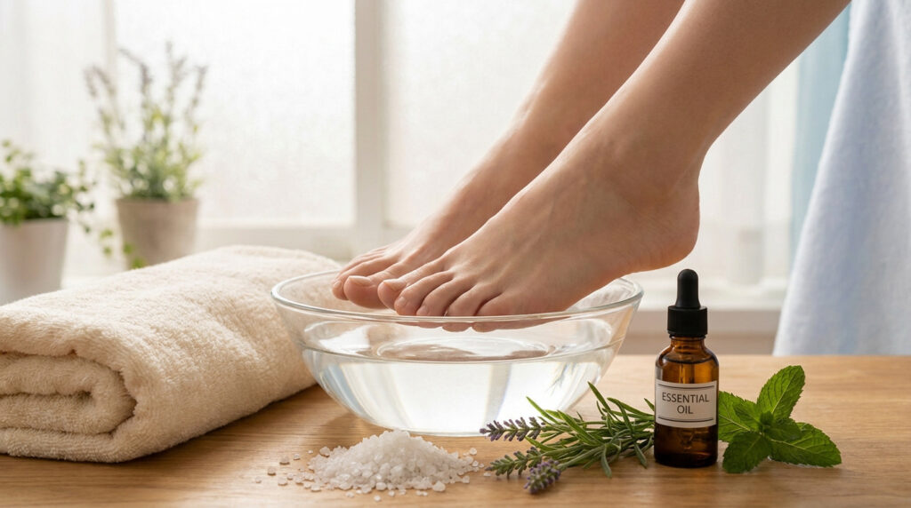 Pieds trempant dans une bassine d'eau avec huile essentielle, sel et plantes pour soulager les gonflements.