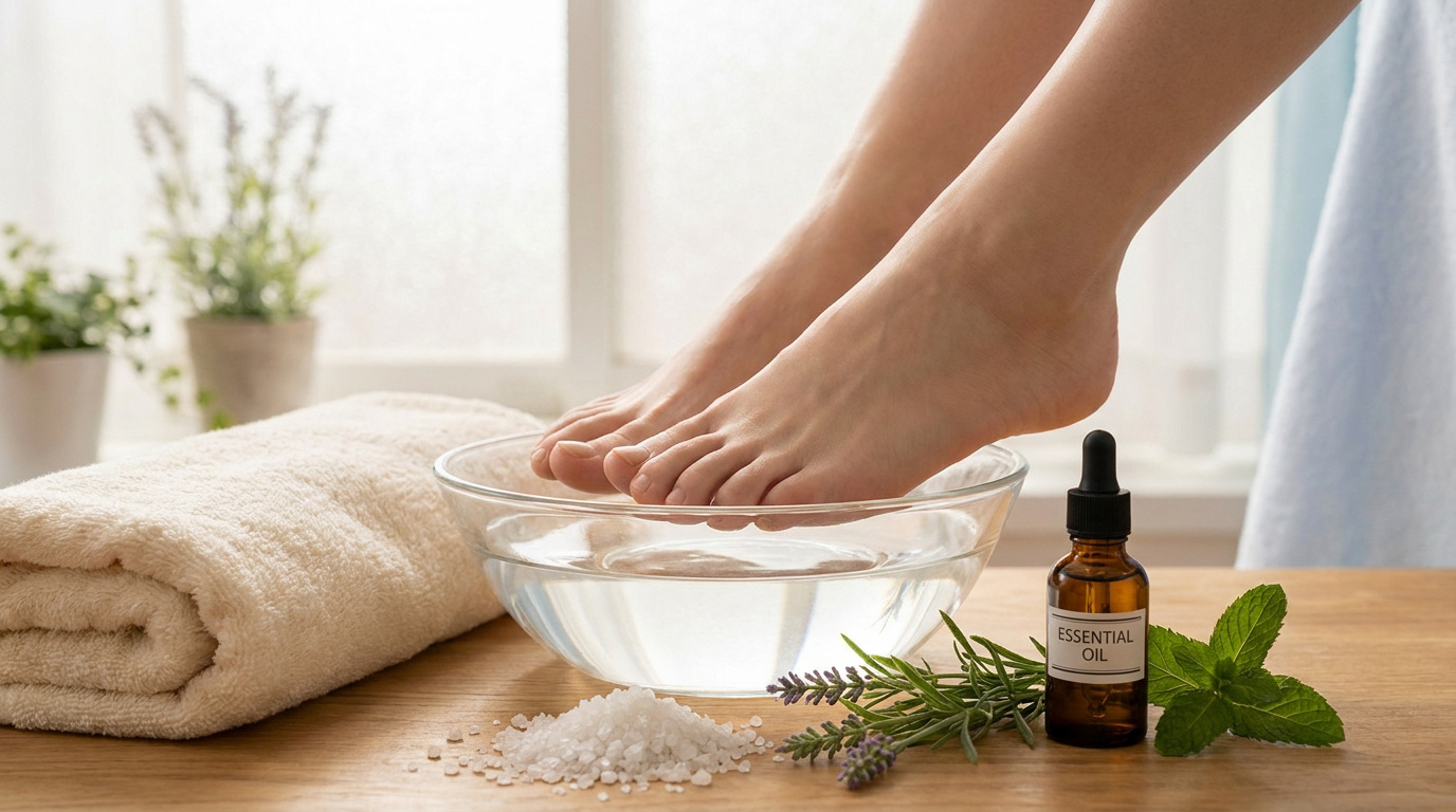 Pieds trempant dans une bassine d'eau avec huile essentielle, sel et plantes pour soulager les gonflements.