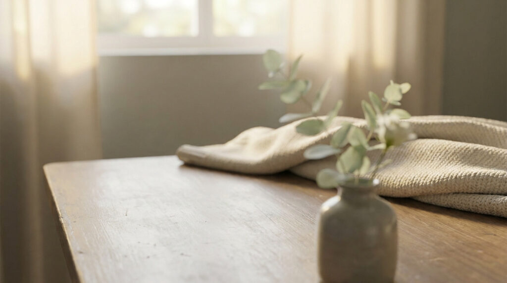 Un vase avec une branche d'eucalyptus et un plaid posé sur une table en bois près d'une fenêtre lumineuse.