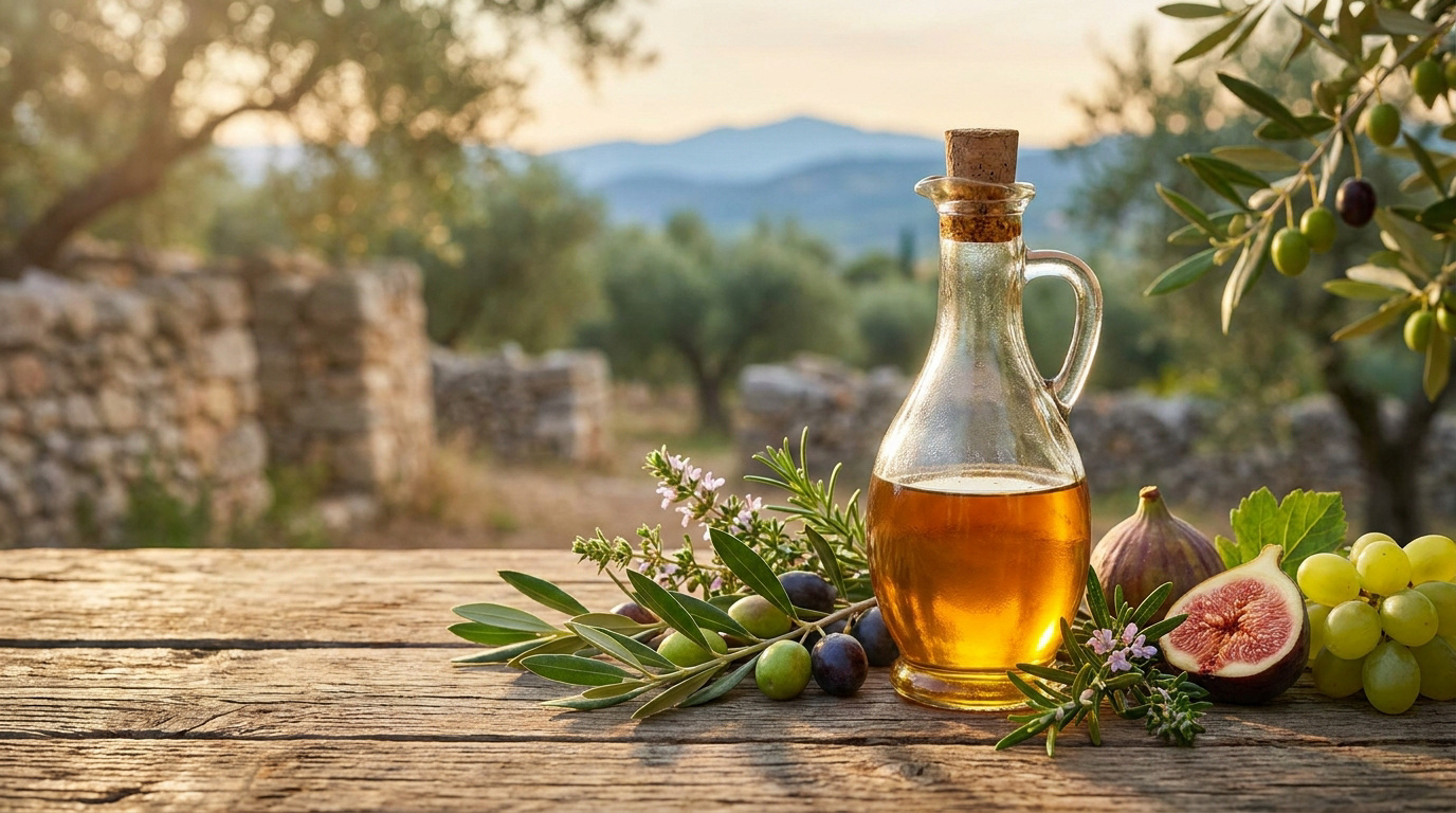 Une carafe d'huile d'olive entourée de figues fraîches et de raisins sur une table en bois dans une oliveraie.